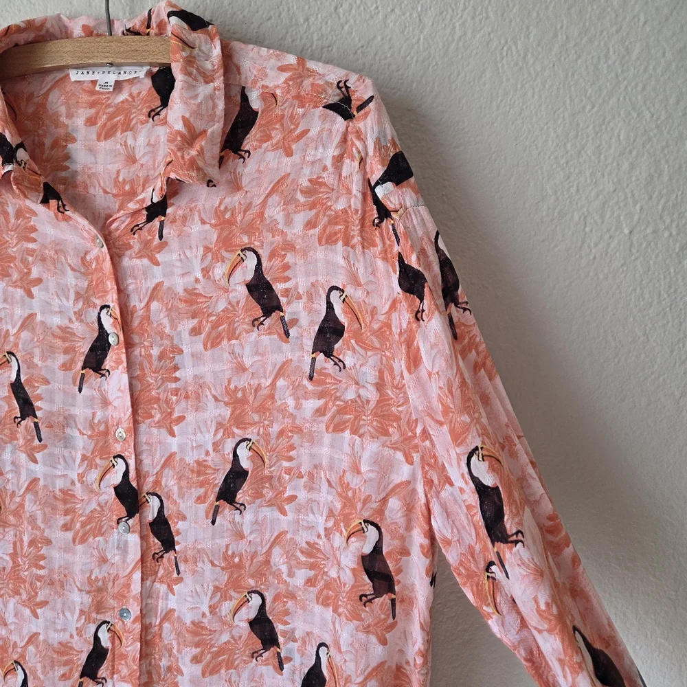 Jane Delancey Tunic Shirt Dress Size M Orange Tropical Tucans Bird Print Resort - Picture 7 of 16